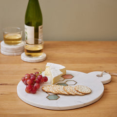 Elegant White Marble Cheese Board with Geometric Inlay Luxury Serveware