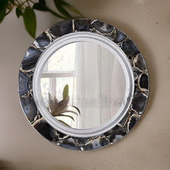 Black Agate Round Mirror – Elegant Gemstone Wall Art