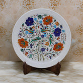 Handcrafted White Marble Inlay Plate Exquisite Floral & Bird Pietra Dura Artwork
