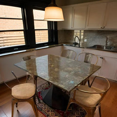 Elegant Labradorite Stone Dining Table with Modern Metal Chairs – Luxury Dining Set