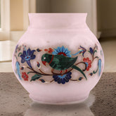 Handcrafted Pink Marble Vase with Exotic Parrot & Floral Inlay Design – Elegant Home Décor