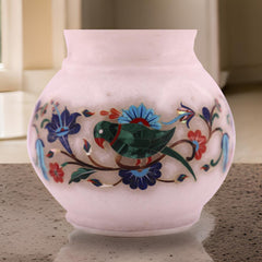 Handcrafted Pink Marble Vase with Exotic Parrot & Floral Inlay Design – Elegant Home Décor
