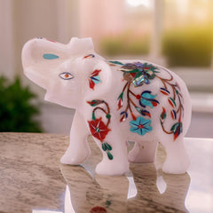 Handcrafted White Marble Elephant with Floral Inlay – Decorative Figurine