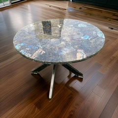 Modern Round Labradorite Gemstone Table with Sleek Metal Base – Luxury Crystal Accent Table