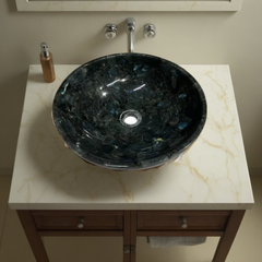 Elegant Labradorite Stone Vessel Sink with Faucet on Marble-Topped Wooden Vanity – USA Seller