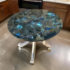 Elegant Round Labradorite Gemstone Table with Curved Metal Base – Luxurious Natural Stone Furniture