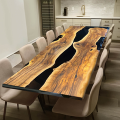 Table de rivière en résine époxy faite à la main avec un motif de vague turquoise, parfaite pour les maisons modernes