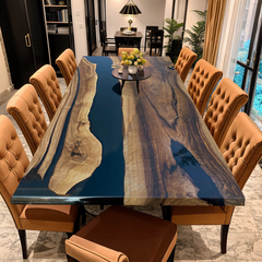Table de rivière en résine époxy faite à la main avec un motif de vague turquoise, parfaite pour les maisons modernes