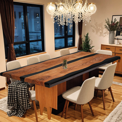 Modern Black Epoxy River Dining Table Custom Live Edge Walnut with Minimalist Elegance
