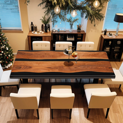 Modern Black Epoxy River Dining Table Custom Live Edge Walnut with Minimalist Elegance
