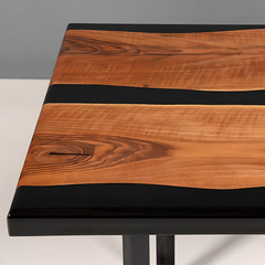 Modern Black Epoxy River Dining Table Custom Live Edge Walnut with Minimalist Elegance