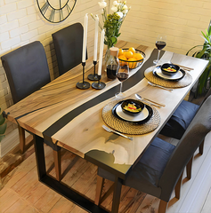 Live Edge Epoxy River Dining Table – Natural Elm Wood with Black Resin Inlay