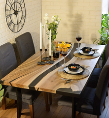 Live Edge Epoxy River Dining Table – Natural Elm Wood with Black Resin Inlay
