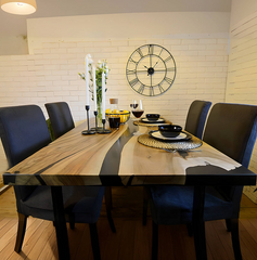 Live Edge Epoxy River Dining Table – Natural Elm Wood with Black Resin Inlay
