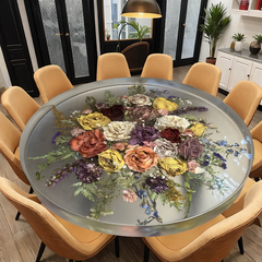 Clear Round Epoxy Resin Dining Table with Real Rose Bouquet Inlay Artistic Floral Centerpiece