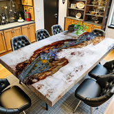 Table de rivière en résine époxy faite à la main avec un motif de vague turquoise, parfaite pour les maisons modernes
