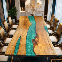 Elegant Green Epoxy River Dining Table Custom Live Edge Walnut Statement Piece
