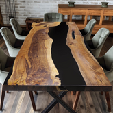 Custom Black Epoxy River Dining Table Live Edge Walnut Wood Statement Piece