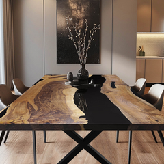 Custom Black Epoxy River Dining Table Live Edge Walnut Wood Statement Piece