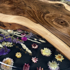 Round Live Edge Walnut & Epoxy Resin Dining Table with Botanical Inlay Handcrafted Statement Piece