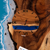Handcrafted Walnut Wood Wall Clock with Deep Blue Epoxy River and Roman Numerals