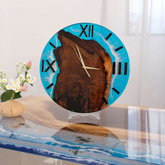 Ocean Blue Epoxy & Walnut Wood Wall Clock with Roman Numerals Handcrafted Elegance