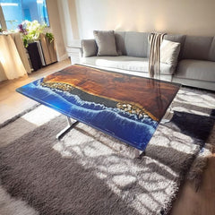 Table basse en résine époxy faite à la main avec motif de vagues océaniques, parfaite pour la décoration côtière