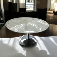 Round Selenite Crystal Accent Table with Sleek Modern Pedestal Base Handmade Radiant Inlay