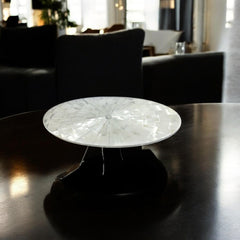 Round Selenite Crystal Centerpiece Table  Radiant Modern Accent on Glossy Black Base
