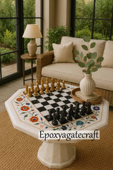 Handmade Marble Chess Table with Floral Inlay – Luxury Octagon Game Table