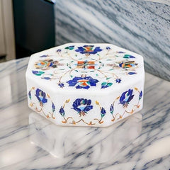 Handcrafted Octagonal White Marble Inlay Box – Royal Floral Design