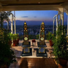 Luxury Black Marble Obelisks with Inlaid Gemstone Accents – Handmade Architectural Decor Set
