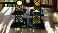 Luxury Black Marble Obelisks with Inlaid Gemstone Accents – Handmade Architectural Decor Set