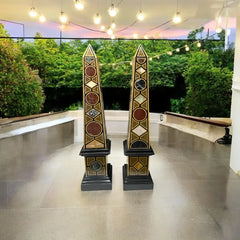 Pair of Grand Inlaid Obelisks in Black Marble with Geometric Gemstone Motifs – Luxury Garden or Interior Accent Sculptures