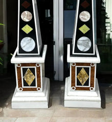 Grand Black Marble Obelisks Multicolor Inlay Decorative Columns for Garden, Entryway, or Luxury Interiors