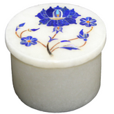 White Marble Round Trinket Box with Lapis Lazuli Gemstone Floral Inlay Design