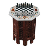 Handcrafted Oct-Angle White Marble Inlay Chess Board With Wooden Base Stand