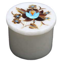 Handmade White Marble Ring Box with Floral Gemstone Pietra Dura Inlay Sell in Usa
