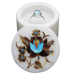 Handmade White Marble Ring Box with Floral Gemstone Pietra Dura Inlay Sell in Usa