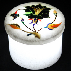 Round White Marble Trinket Box with Floral Inlay Design