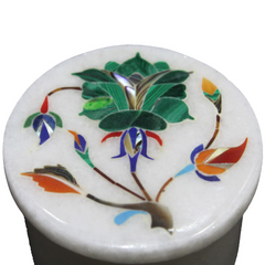 Round White Marble Trinket Box with Floral Inlay Design