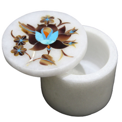 Handmade White Marble Ring Box with Floral Gemstone Pietra Dura Inlay Sell in Usa