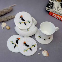 Elegant Marble Coasters Set, Handcrafted with Delightful Bird Inlays for Nature Lovers