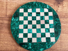 Handcrafted Malachite and Marble Mosaic Chessboard - Elegant Green and White Checkered Design"