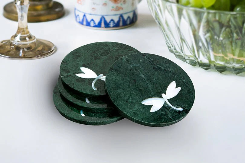 Luxurious Green Marble Coasters with Intricate Mother-of-Pearl Dragonfly Inlay for Stylish Table Décor