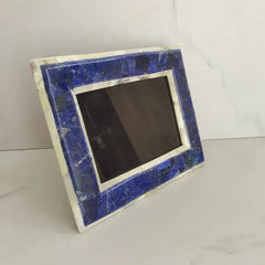 Handcrafted Lapis Lazuli and Marble Photo Frame  Elegant Blue and White Decorative Frame