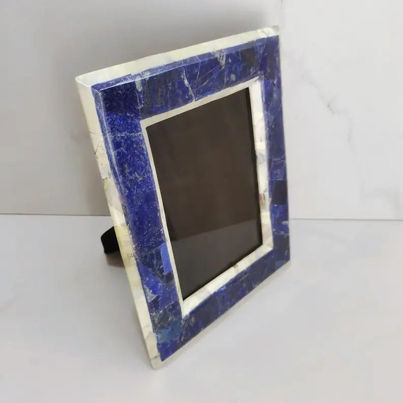 Handcrafted Lapis Lazuli and Marble Photo Frame  Elegant Blue and White Decorative Frame