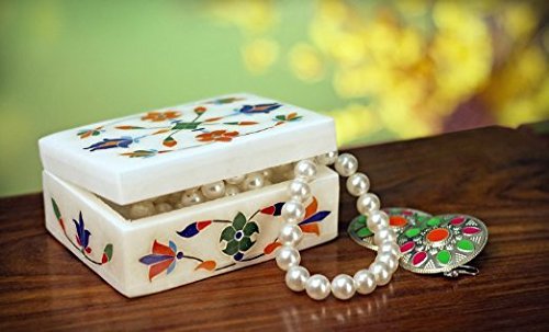 Beautiful Marble Jewelry Box with Floral Inlay Design and Pearls Inside