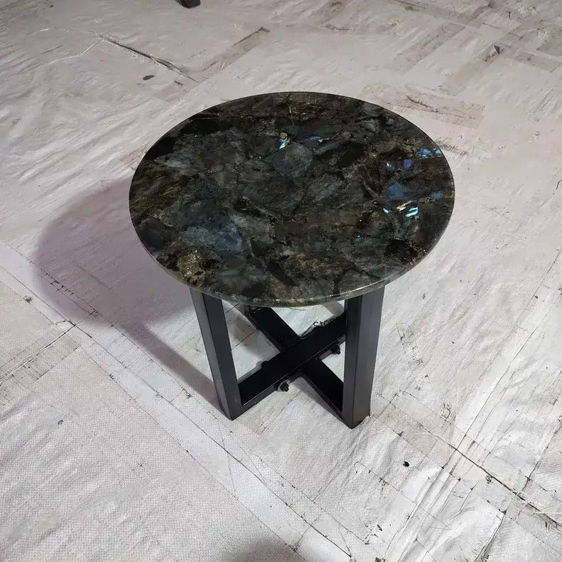 Handcrafted Round Labradorite Stone Accent Table with Modern Metal Base