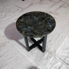 Handcrafted Round Labradorite Stone Accent Table with Modern Metal Base